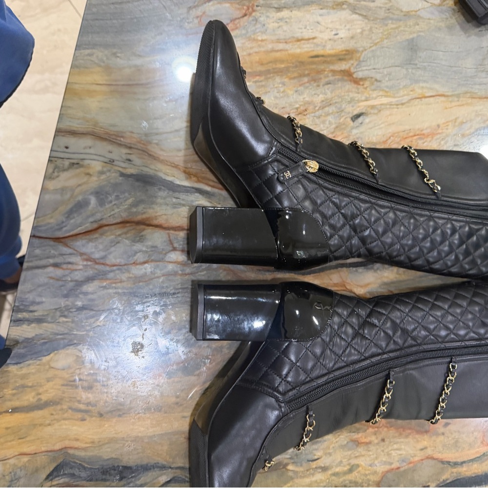 CHANEL Black Quilted Heeled Boots with Gold Accents- 37.5 - Picture 14 of 15